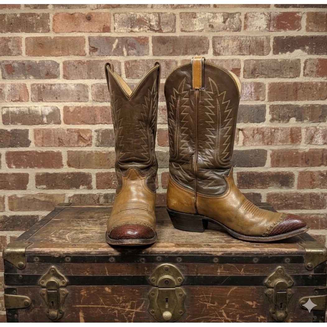 Tony Lama Mens Vintage Brown Leather Lizard Wingtip Cowboy Boots Size 8.5 D